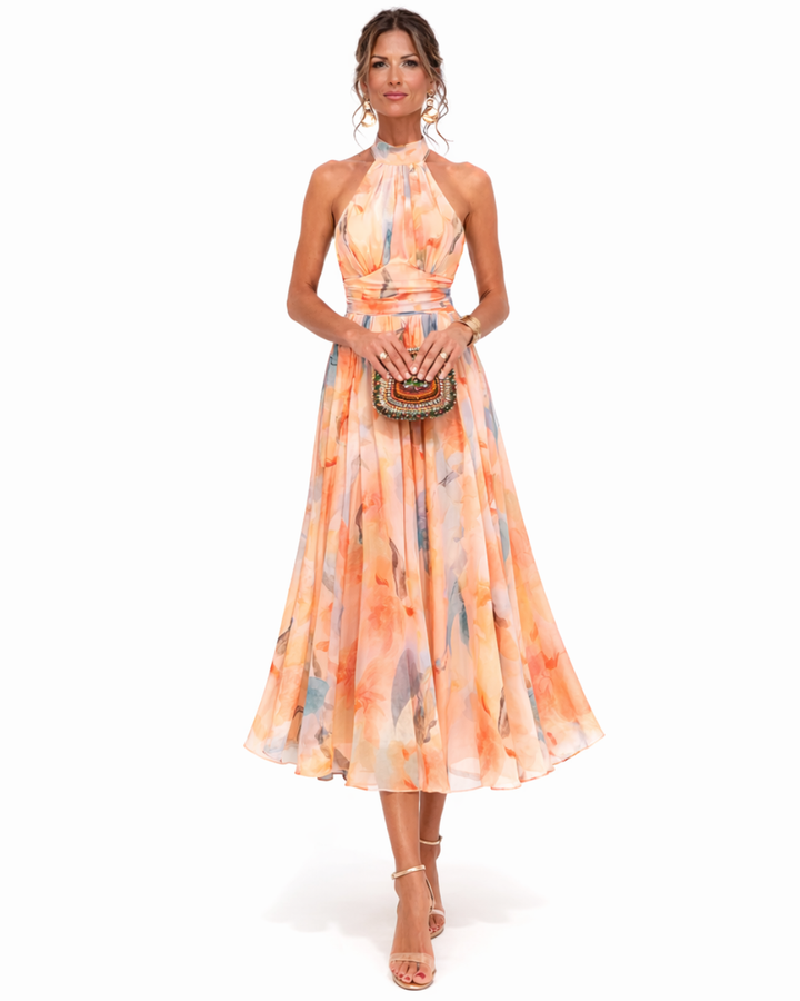 Isabela –  Vestido midi halter estampado