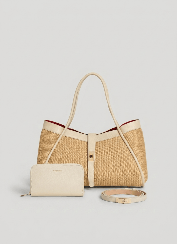 Set Mayfair en piel y rafia crema