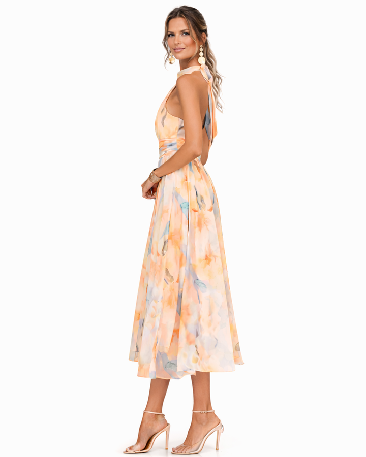 Isabela –  Vestido midi halter estampado