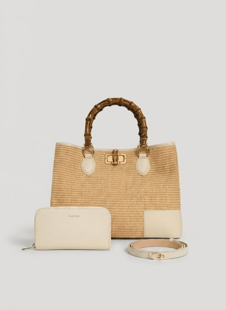Set Bamboo Babe de piel y rafia crema