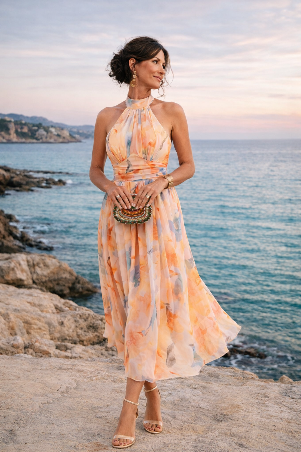 Isabela –  Vestido midi halter estampado