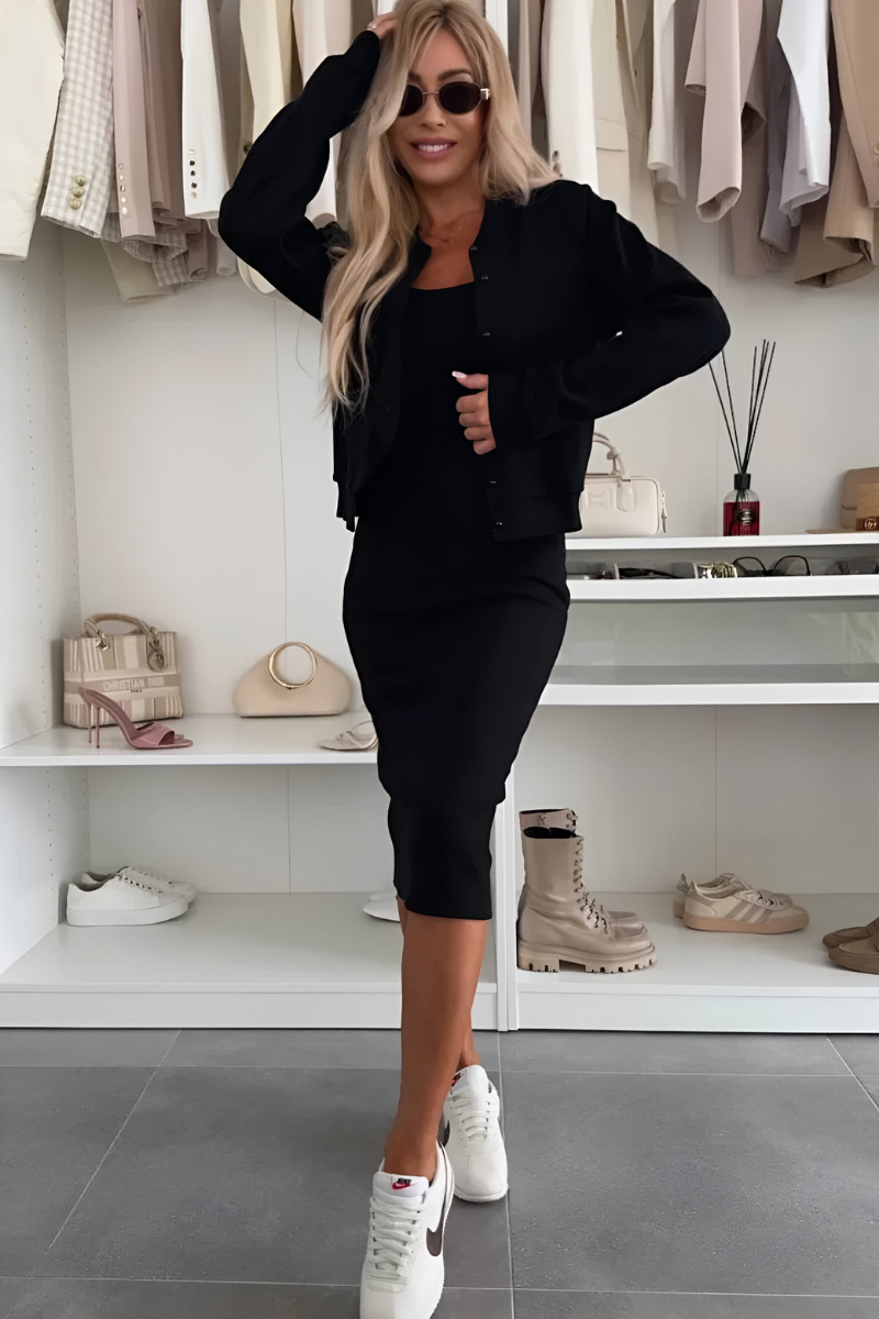 Lindsay — Vestido midi con cárdigan elegante