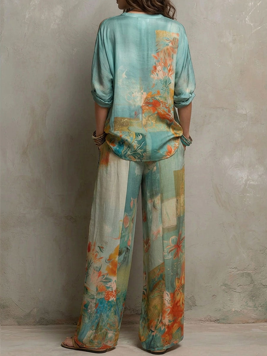 Tiana - Conjunto Elegante con Estampado Floral y Pantalones de Pierna Ancha