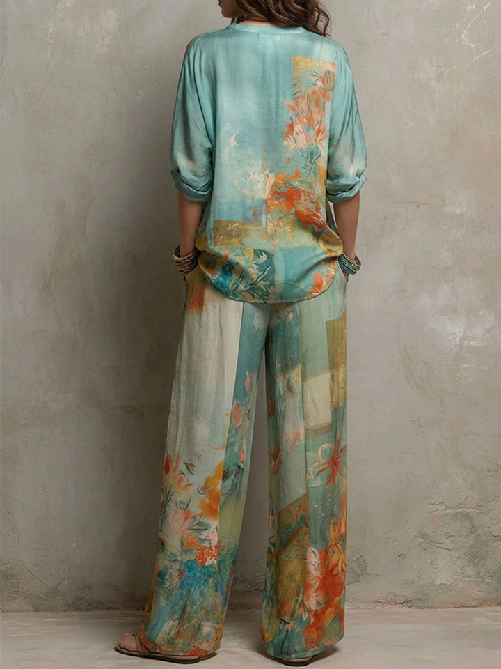 Tiana - Conjunto Elegante con Estampado Floral y Pantalones de Pierna Ancha