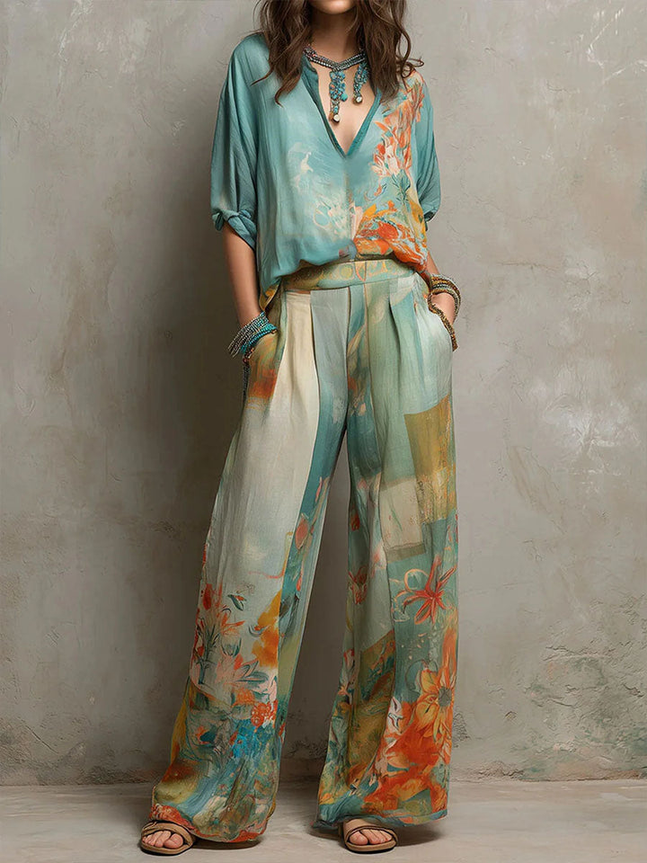 Tiana - Conjunto Elegante con Estampado Floral y Pantalones de Pierna Ancha